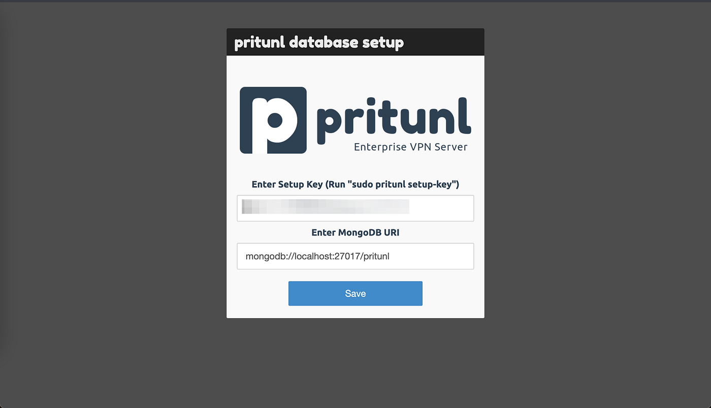 Pritunl veritabanı kurulum ekranı, setup key ve MongoDB URI alanlarını gösteriyor