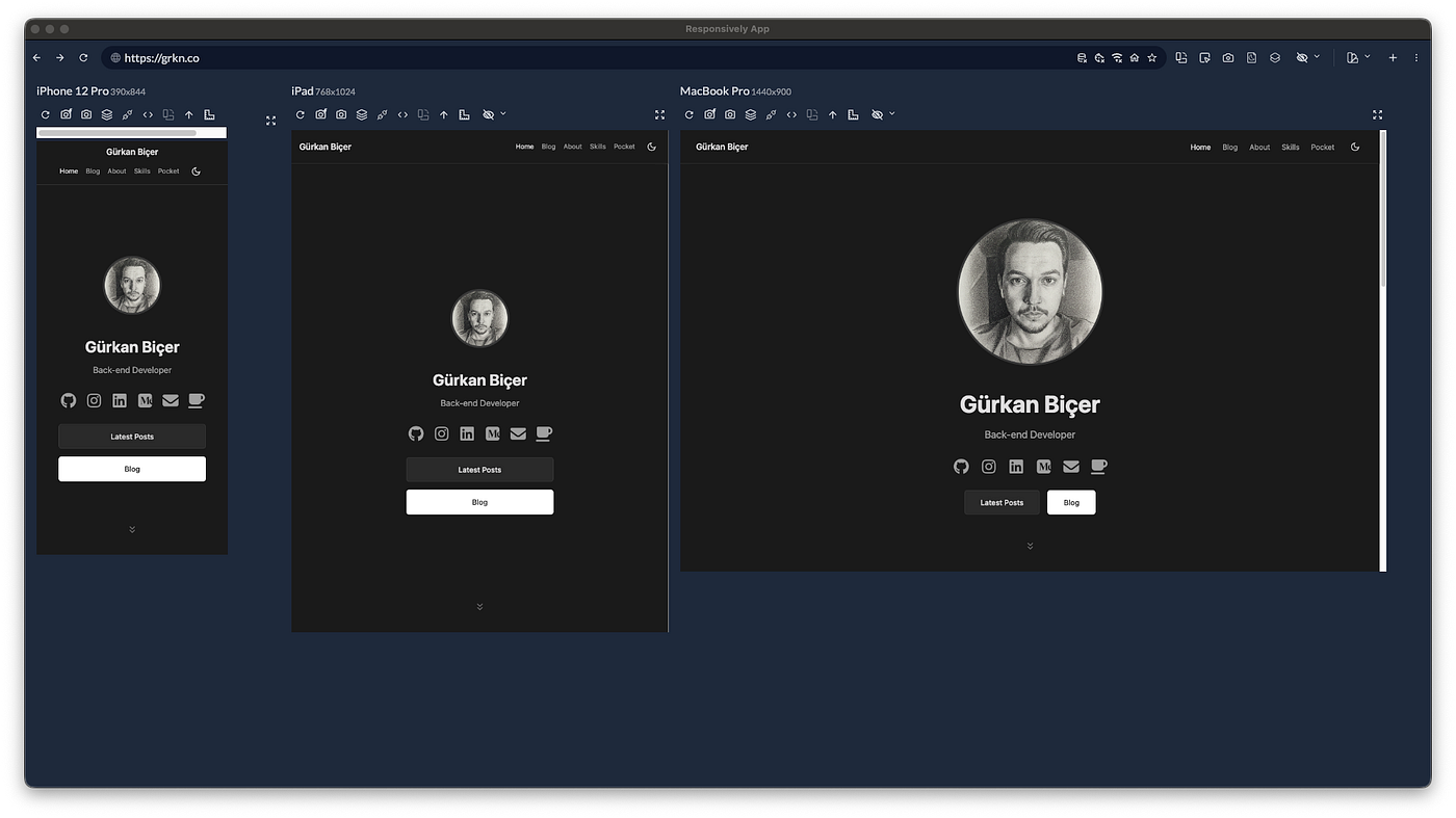 Responsively App previewing grkn.co on iPhone 12 Pro, iPad, and MacBook Pro resolutions at once